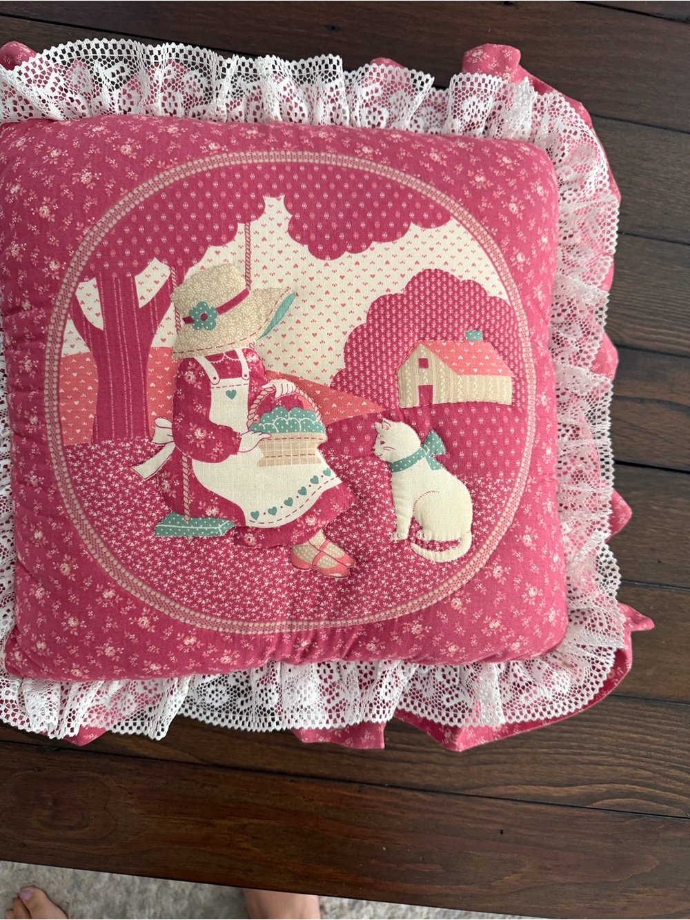 Vintage Girl & Cat Decorative Pillow Burgundy Ruffle Lace Romantic Cottagecore